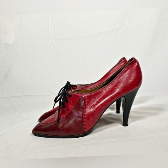 Vintage Burgundy Leather Lace Up Witchy Oxford Spike Heel Shoes~10~ - Picture 2 of 7